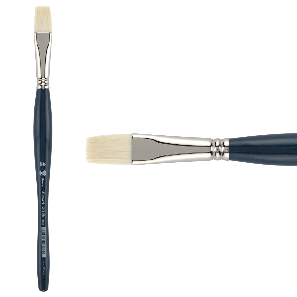 Borciani Bonazzi UNICO Bianco Synthetic Series 831 Paint Brush, Flat 16 - Acrylic, Oil, Gel, Impasso Painting - Ergonomic Handle, Cruelty-Free, Brass Ferrule, Handcrafted in Italy