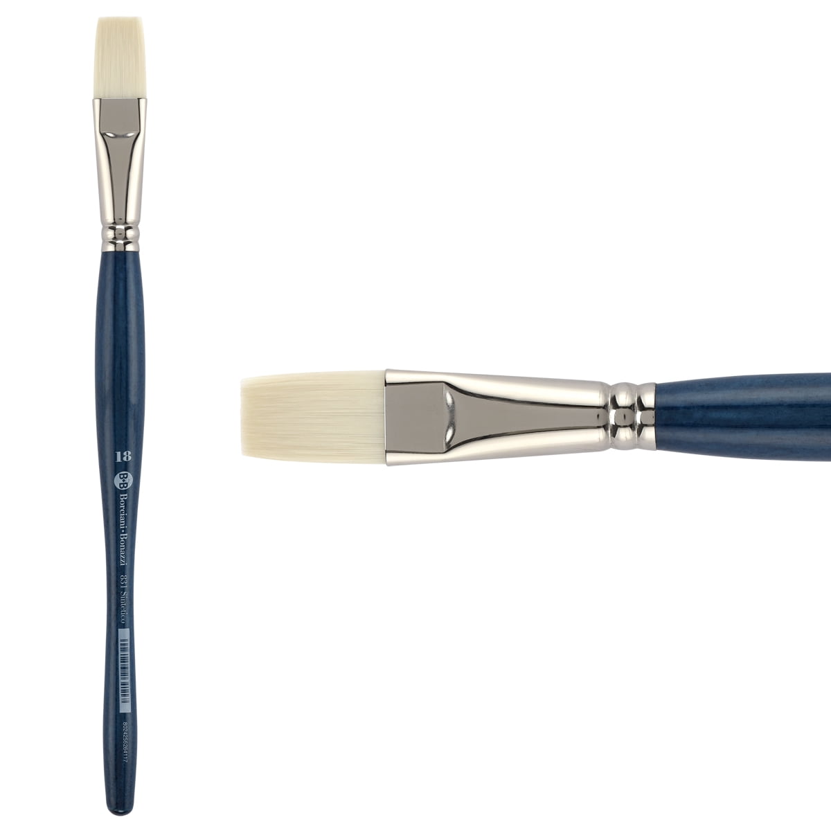 Borciani Bonazzi UNICO Bianco Synthetic Series 831 Paint Brush, Flat 18 - Acrylic, Oil, Gel, Impasso Painting - Ergonomic Handle, Cruelty-Free, Brass Ferrule, Handcrafted in Italy