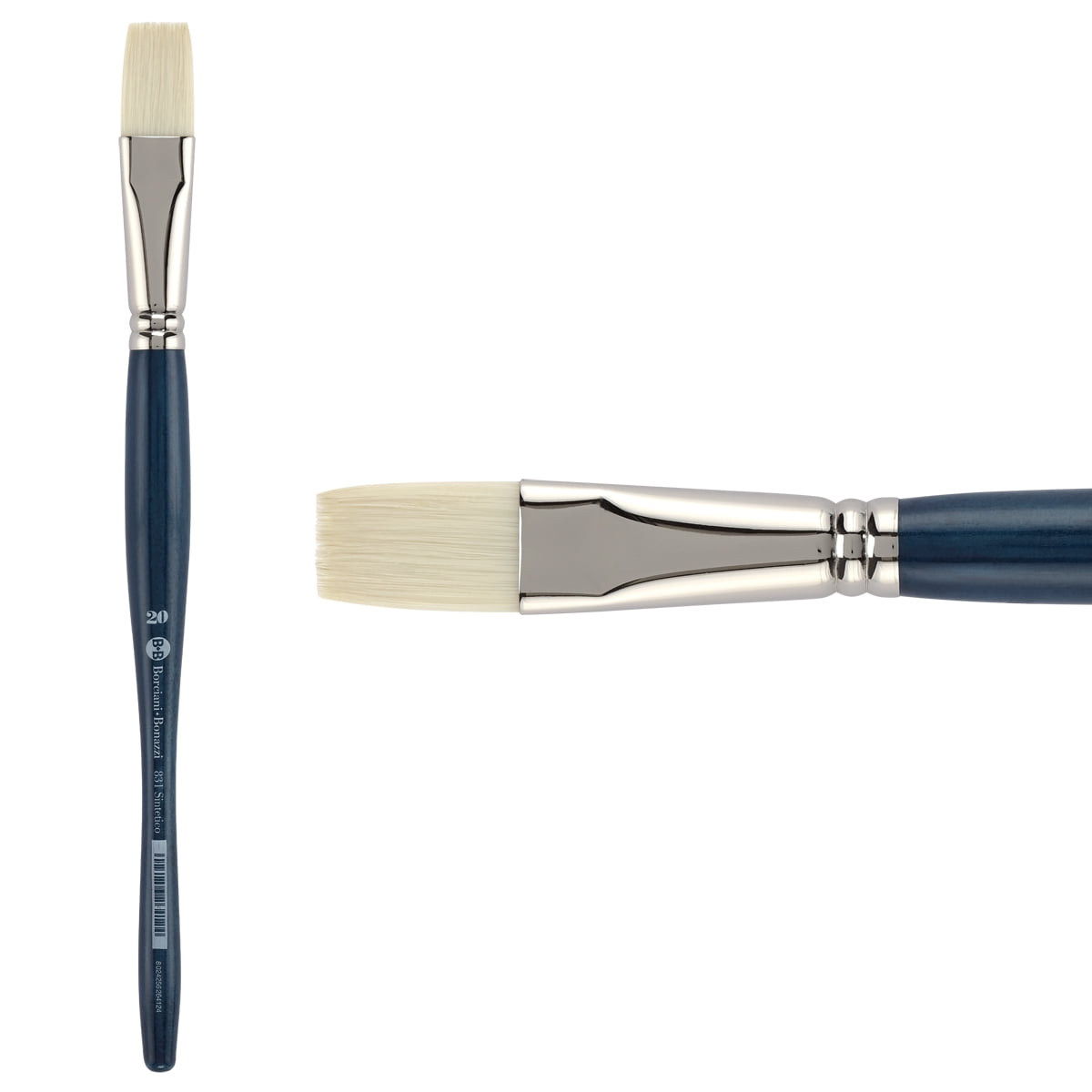 Borciani Bonazzi UNICO Bianco Synthetic Series 831 Paint Brush, Flat 20 - Acrylic, Oil, Gel, Impasso Painting - Ergonomic Handle, Cruelty-Free, Brass Ferrule, Handcrafted in Italy