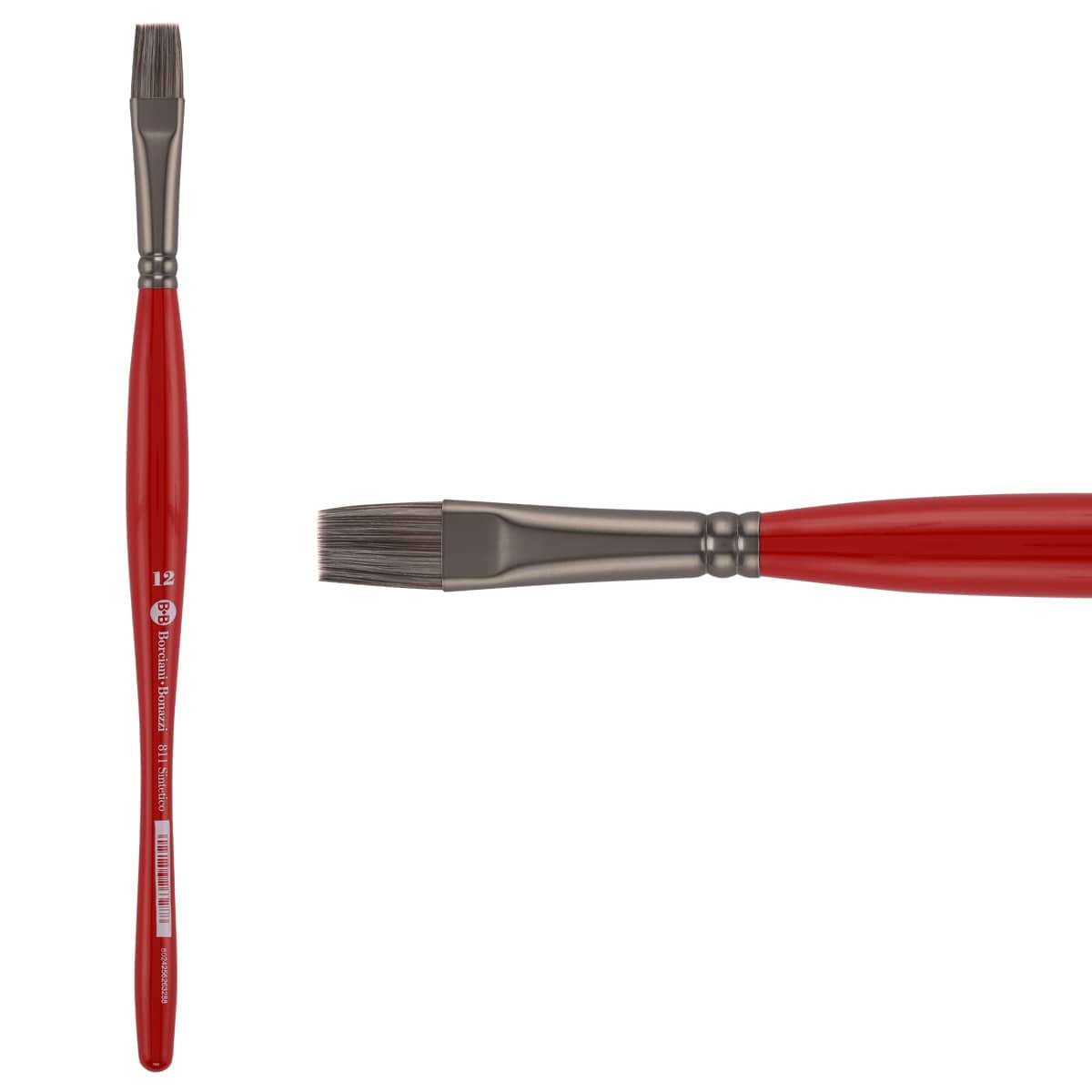 Borciani e Bonazzi Unico Silver Synthetic Series 811 Paint Brush, Flat 12 - Medium Handle Paintbrush Handcrafted in Italy, Cruelty-Free, Acrylic, Oil, Watercolor