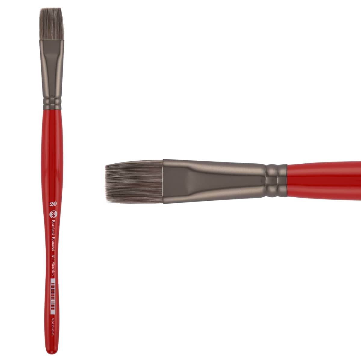 Borciani e Bonazzi Unico Silver Synthetic Series 811 Paint Brush, Flat 20 - Medium Handle Paintbrush Handcrafted in Italy, Cruelty-Free, Acrylic, Oil, Watercolor