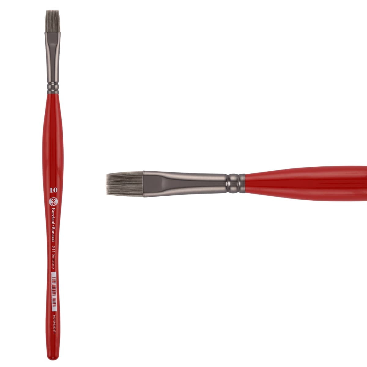 Borciani e Bonazzi Unico Silver Synthetic Series 811 Paint Brush, Flat 10 - Medium Handle Paintbrush Handcrafted in Italy, Cruelty-Free, Acrylic, Oil, Watercolor