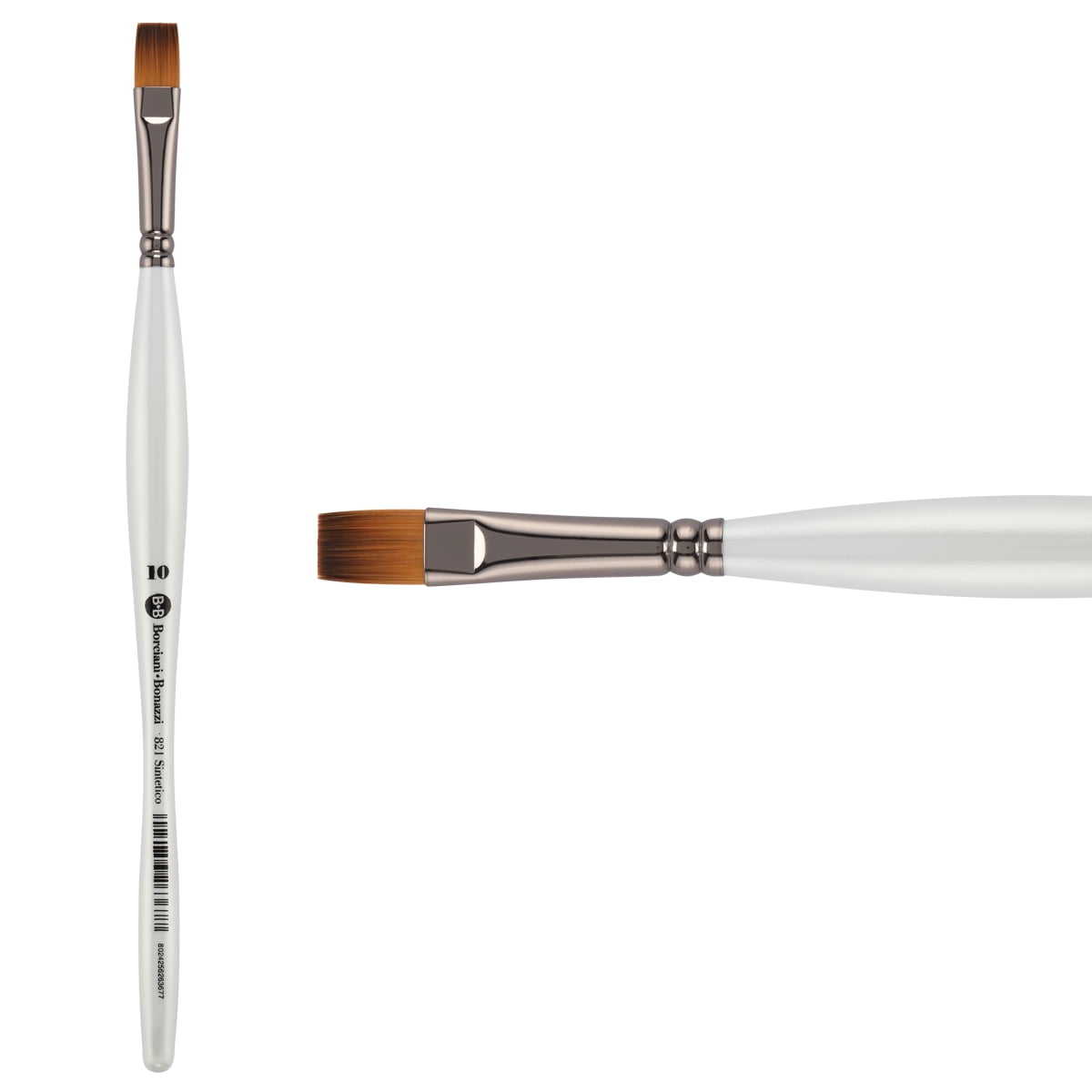 Borciani e Bonazzi Unico Fiamatto Synthetic Series 821 Paint Brush, Flat Size 10 - For Acrylic and Watercolor Painting - Ergonomic Handle, Animal-Friendly, Brass Ferrule, Handcrafted in Italy
