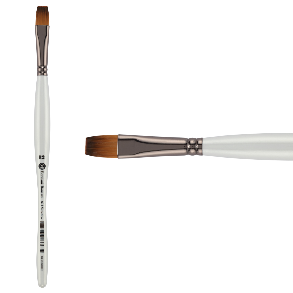 Borciani e Bonazzi Unico Fiamatto Synthetic Series 821 Paint Brush, Flat Size 12 - For Acrylic and Watercolor Painting - Ergonomic Handle, Animal-Friendly, Brass Ferrule, Handcrafted in Italy