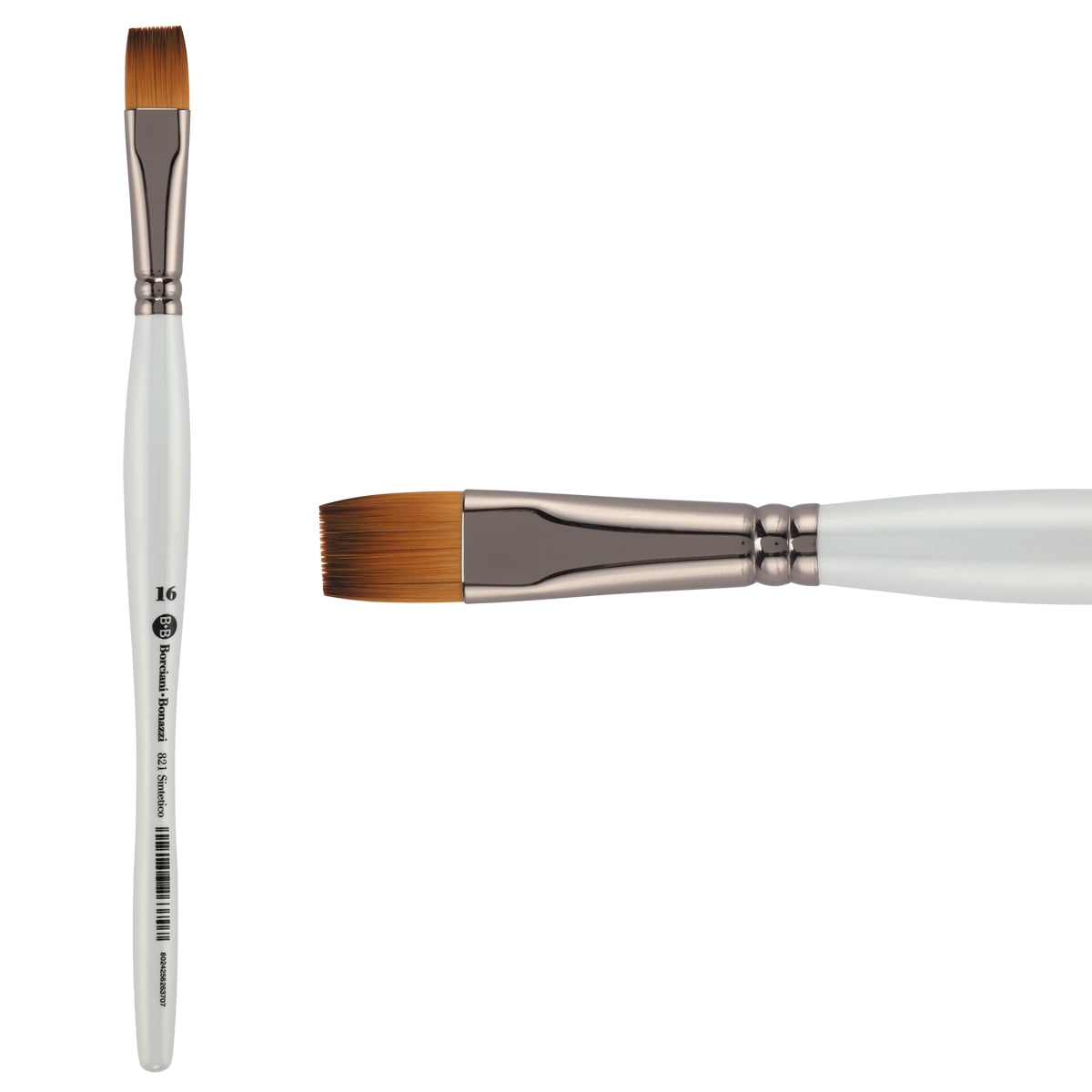 Borciani e Bonazzi Unico Fiamatto Synthetic Series 821 Paint Brush, Flat Size 16 - For Acrylic and Watercolor Painting - Ergonomic Handle, Animal-Friendly, Brass Ferrule, Handcrafted in Italy