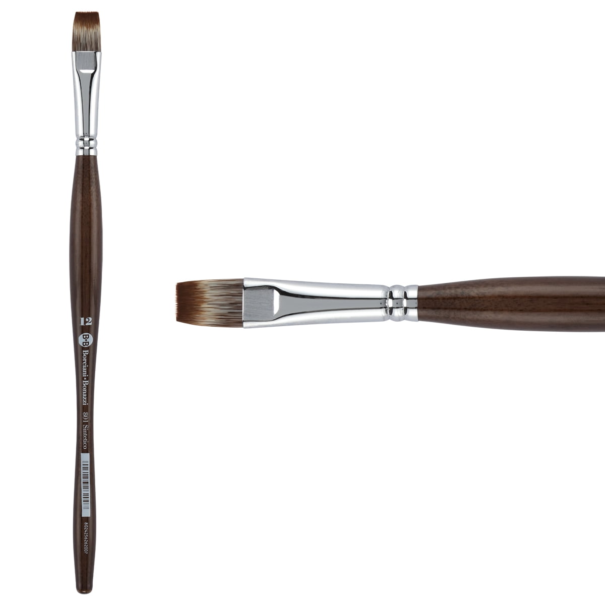 Borciani e Bonazzi Unico Synthetic Mongoose Artist Paint Brush - Series 801 Flat - Size #12 - Watercolors, Oil & Acrylic Paint - Handcrafted in Italy, Anti-Roll Design, Ergonomic Medium Handle