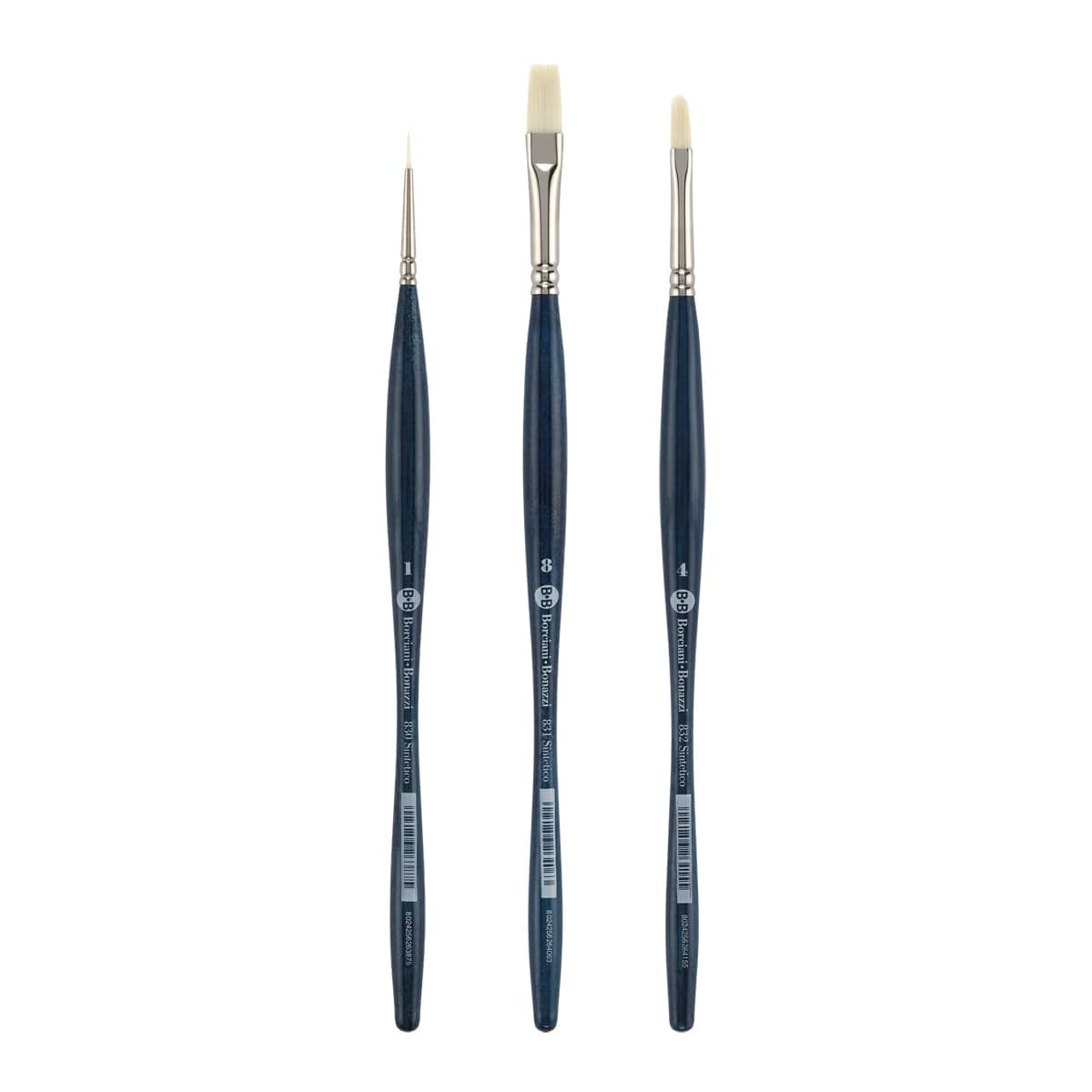 Borciani e Bonazzi Unico Bianco Synthetic Paint Brush Assorted Shapes -Set of 3 - Acrylic, Oil, Gel, Impasso Painting - Ergonomic Handle, Cruelty-Free, Brass Ferrule, Handcrafted in Italy