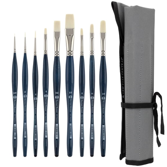 Borciani e Bonazzi Unico Bianco Synthetic Paint Brush Assorted Shapes -Set of 9 Plus Roll-Up Case - All Paint Types - Ergonomic Handle, Cruelty-Free, Brass Ferrule, Handcrafted in Italy