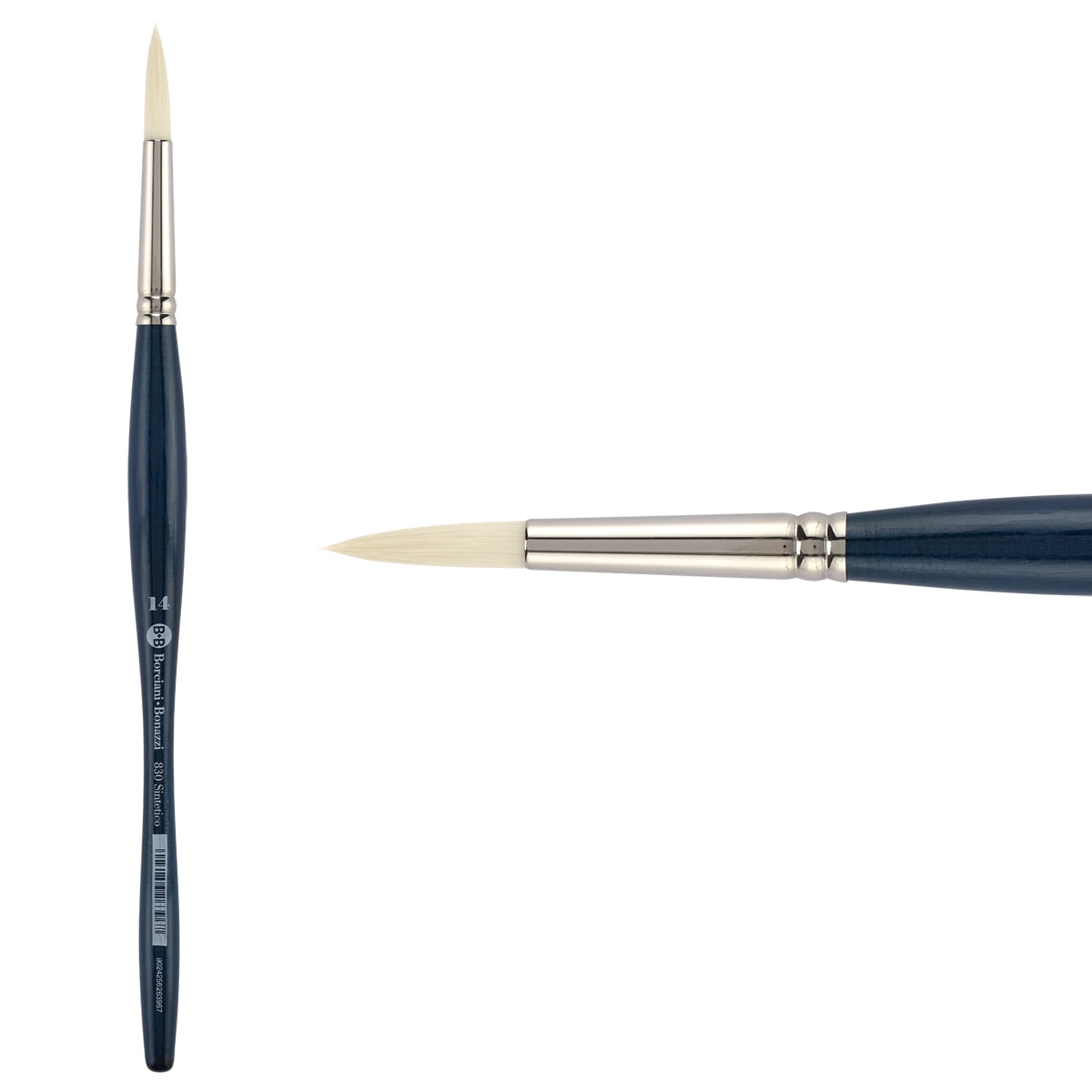 Borciani e Bonazzi Unico Bianco Synthetic Series 830 Paint Brush, Round 14 - Acrylic, Oil, Gel, Impasso Painting - Ergonomic Handle, Cruelty-Free, Brass Ferrule, Handcrafted in Italy