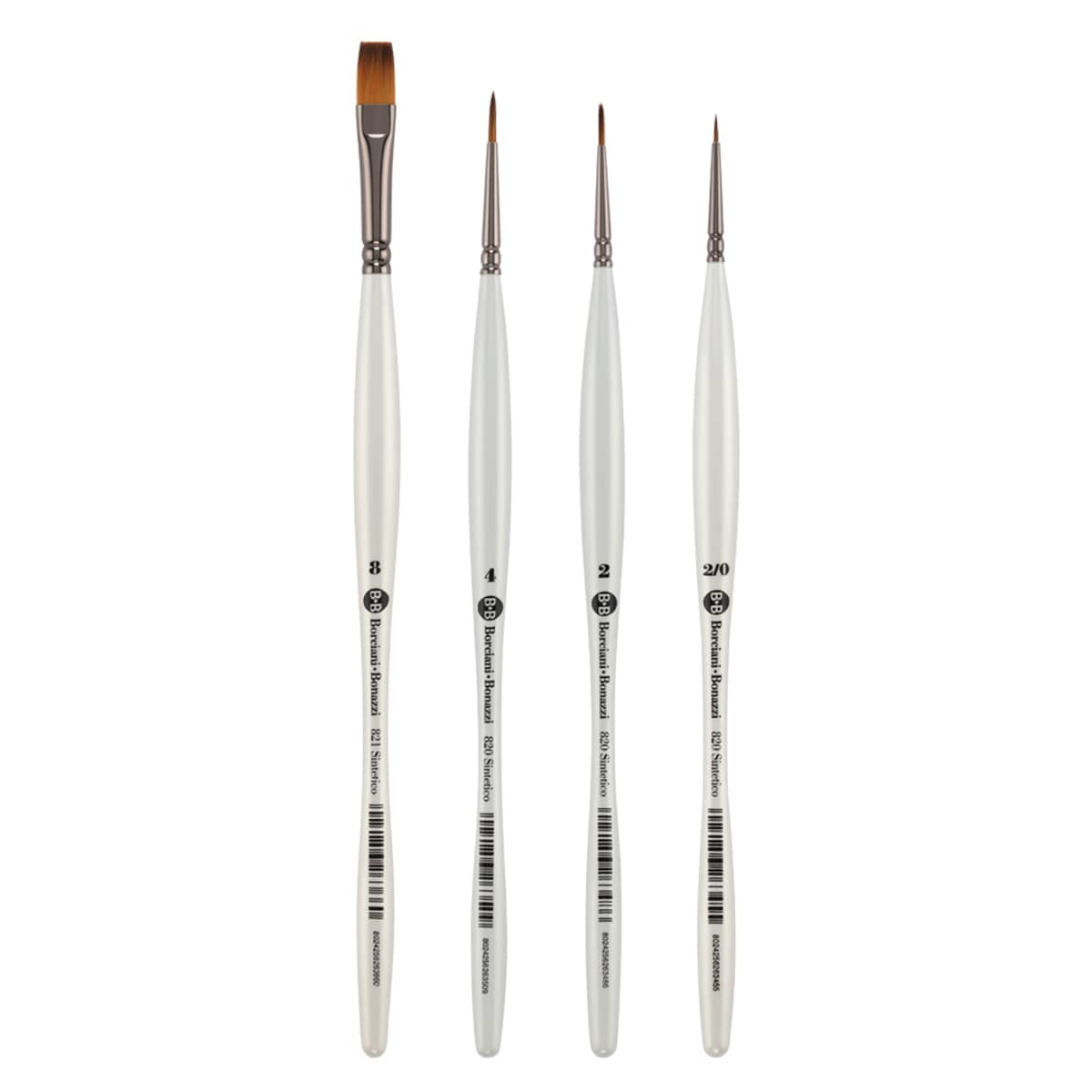 Borciani e Bonazzi Unico Fiamatto Synthetic Paint Brush, Assorted Set of 4 - For Acrylic and Watercolor Painting - Ergonomic Handle, Animal-Friendly, Brass Ferrule, Handcrafted in Italy