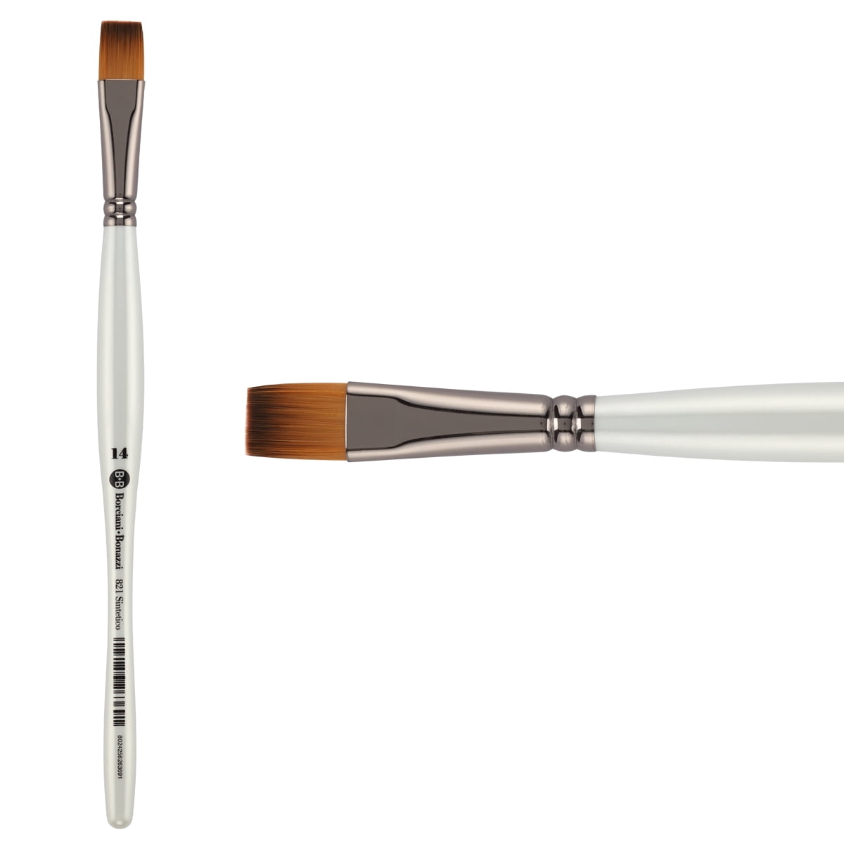 Borciani e Bonazzi Unico Fiamatto Synthetic Series 821 Paint Brush, Flat Size 14 - For Acrylic and Watercolor Painting - Ergonomic Handle, Animal-Friendly, Brass Ferrule, Handcrafted in Italy