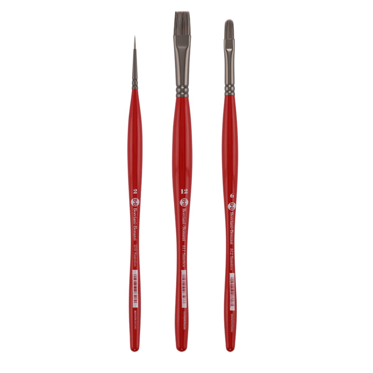 Borciani e Bonazzi Unico Silver Synthetic Paint Brush Set of 3, Assorted Shape - Medium Handle Paintbrush Handcrafted in Italy, Cruelty-Free, Acrylic, Oil, Watercolor