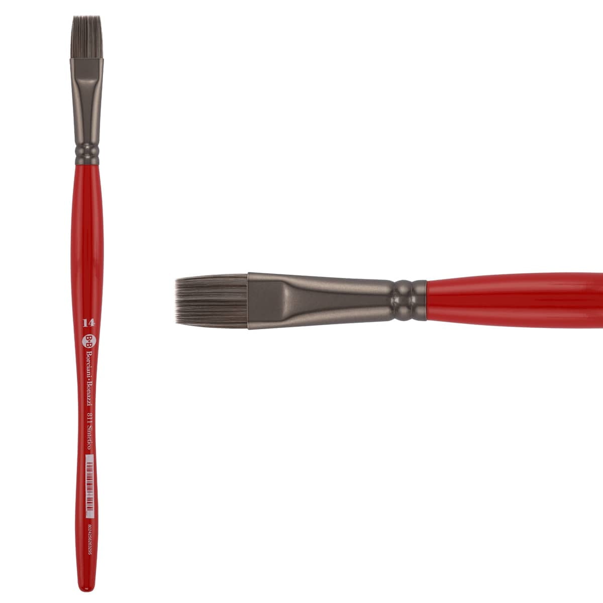 Borciani e Bonazzi Unico Silver Synthetic Series 811 Paint Brush, Flat 14 - Medium Handle Paintbrush Handcrafted in Italy, Cruelty-Free, Acrylic, Oil, Watercolor
