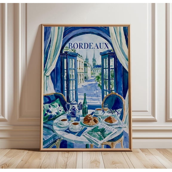 Bordeaux Cafe Travel Blue Architecture Print City Wall Art, Unframed Paper Print