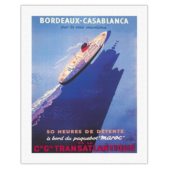 Bordeaux to Casablanca - CIE GLE Transatlantique (French Line) - Vintage Ocean Liner Travel Poster by Edouard Collin c.1951 - Fine Art Rolled Canvas Print 20in x 26in
