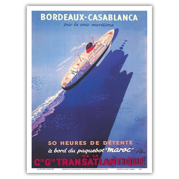 Bordeaux to Casablanca - CIE GLE Transatlantique (French Line) - Vintage Ocean Liner Travel Poster by Edouard Collin c.1951 - Master Art Print (Unframed) 9in x 12in