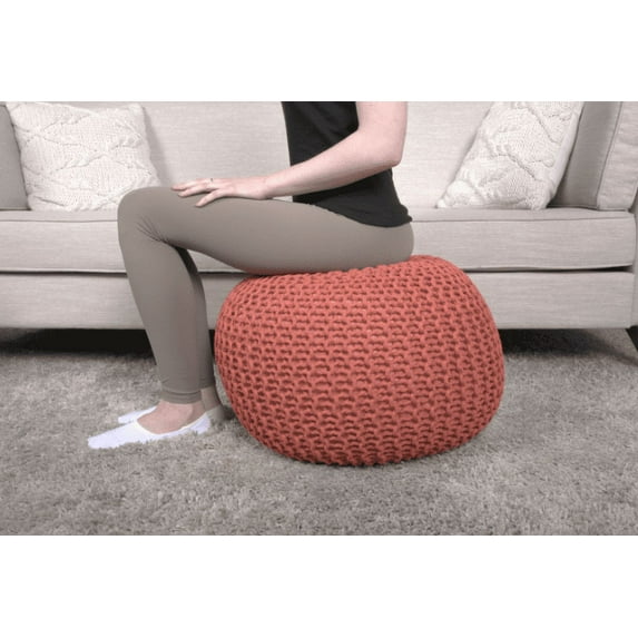Bordeaux Knitted Cotton Round Pouf,Coral,Coral Cotton Furniture Primary Living Space Ottomans