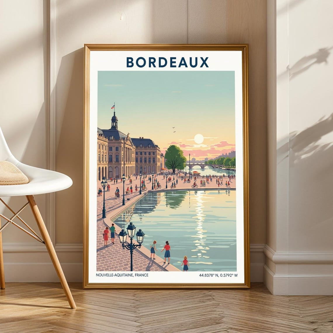 Bordeaux Riverside Art Print: French Cityscape, Sunset Colors, Unframed ...