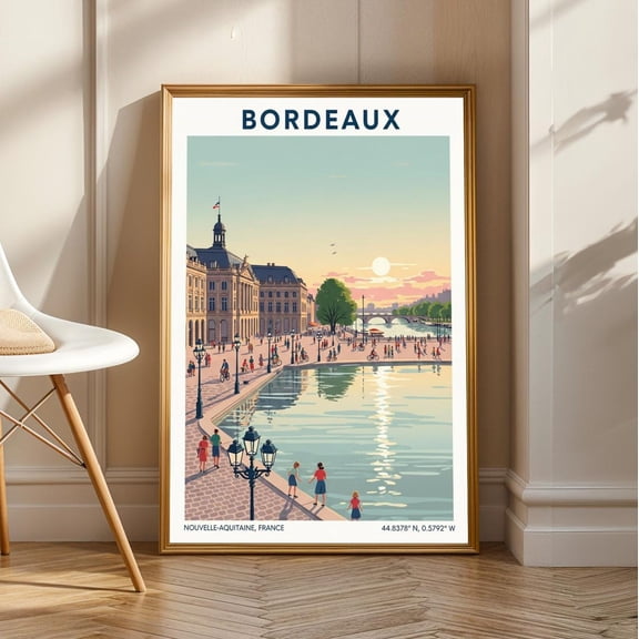 Bordeaux Riverside Art Print: French Cityscape, Sunset Colors, Unframed Poster Size 8x12