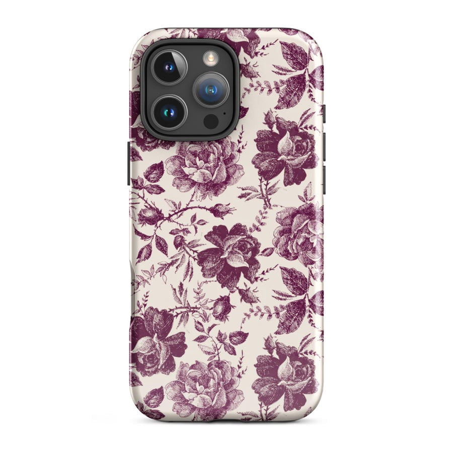 Bordeaux Rose Vintage Floral Case for iPhone 11 12 13 14 15 16 17 Pro ...