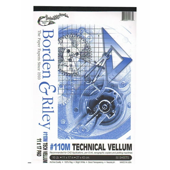 Borden & Riley #110M Technical Vellum, 36" x 15', Bright White, Roll Of 50 Sheets, Pack Of 2