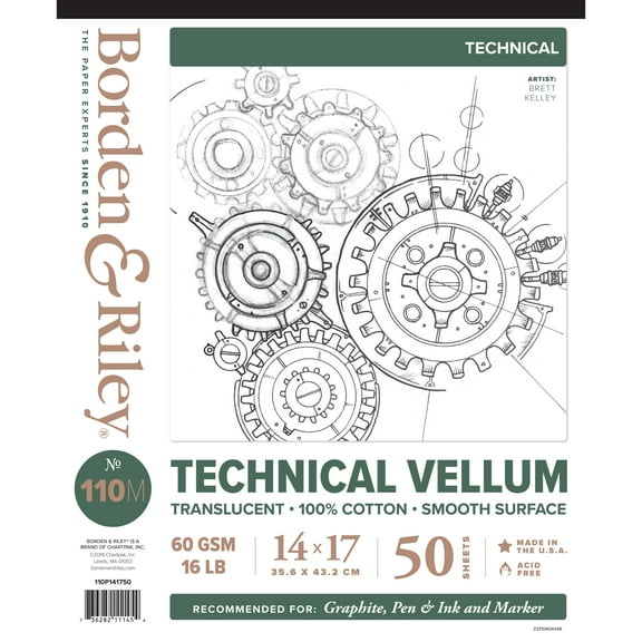 Borden & Riley #110M Technical Vellum Pad, 50 Sheets, 14" x 17"