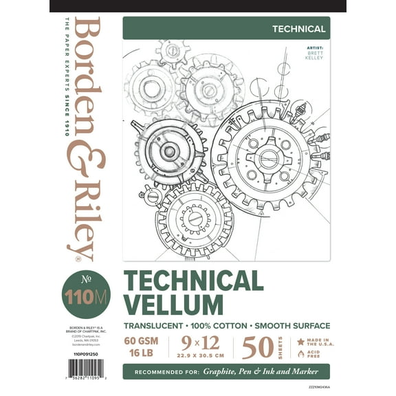 Borden & Riley #110M Technical Vellum Pad, 50 Sheets, 9" x 12"