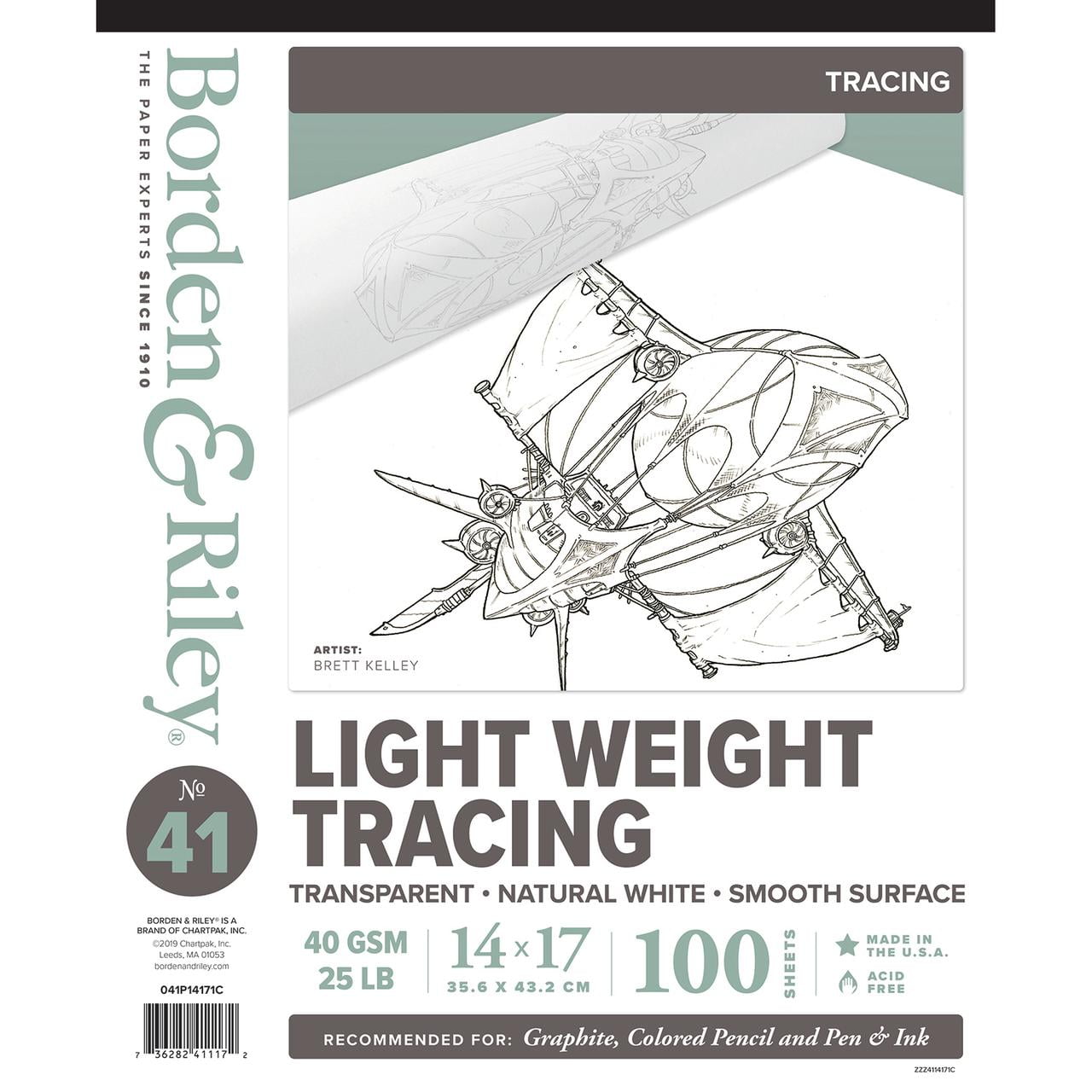 Borden & Riley 14" x 17" #41 Monroe Triple T Parchment Tracing/Light Paper Pad, 40 GSM/25 lb., 100 White Sheets, 1 Pad Each