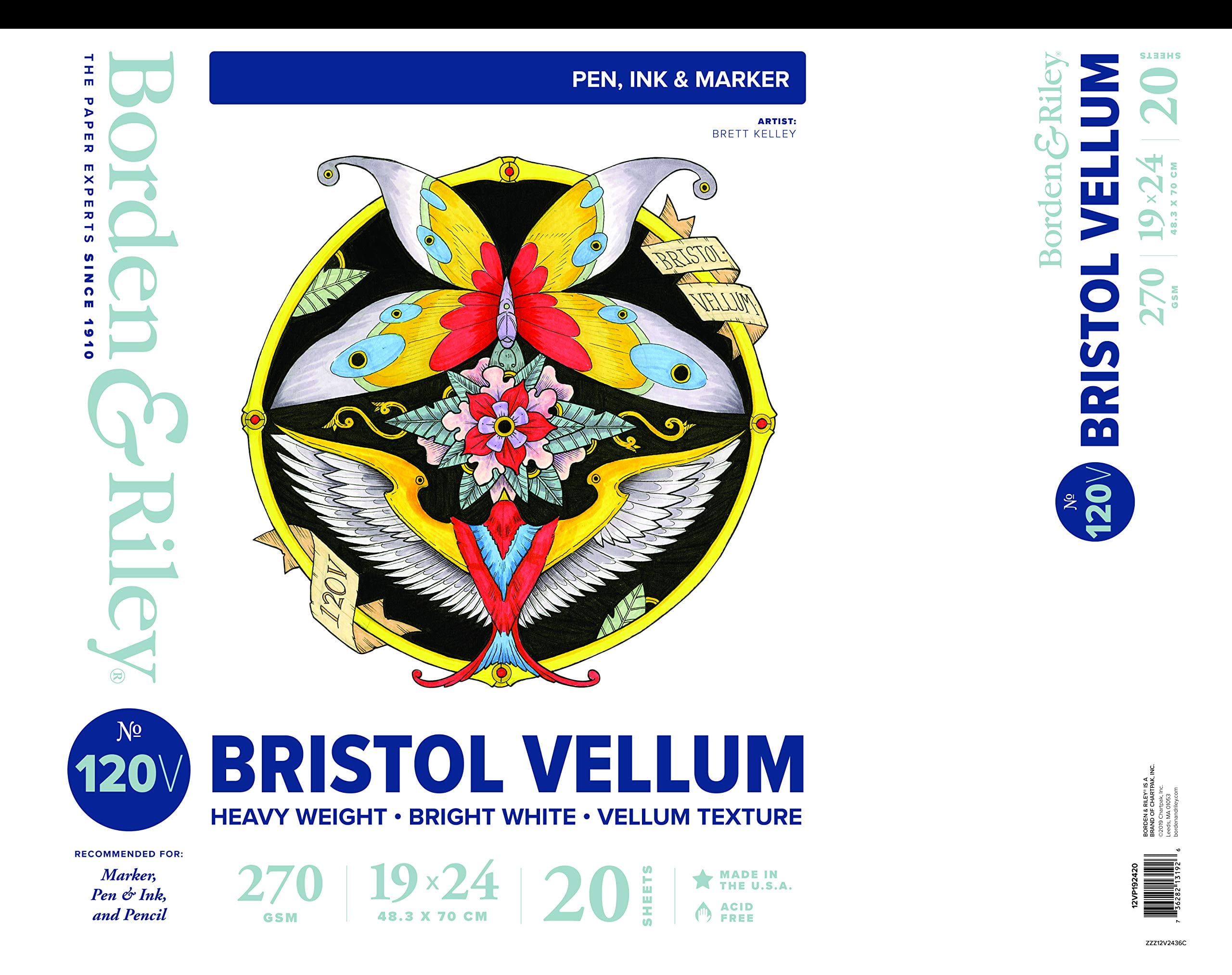 Borden & Riley 19" x 24" #120V Bristol Vellum Pad, 270 GSM/157 lb., 20 White Sheets, 1 Pad Each