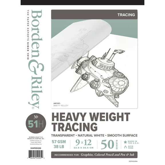 Borden & Riley #51H Monroe Heavyweight Parchment Tracing Paper Pad 9 in x 12 in, 50 Sheets/Pad