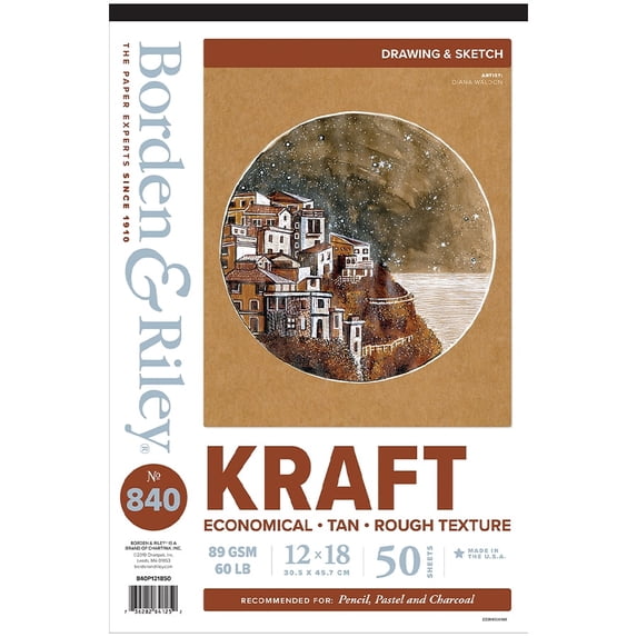 Borden & Riley 12 x 18" #840 Kraft Paper Pad, 89 GSM/60 LB, 50 Sheets, 1 Pad Each