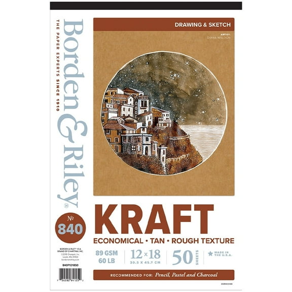 Borden & Riley 12 x 18" #840 Kraft Paper Pad, 89 GSM/60 LB, 50 Sheets, 1 Pad Each