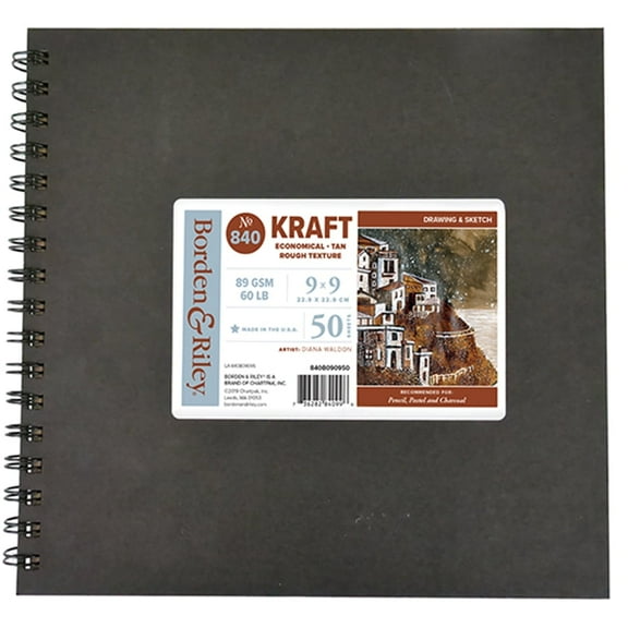 Borden & Riley 9" x 9" #840 Kraft Hardcover Sketch Book, Side Spiral, 89 GSM/60 lb., 50 Sheets per Book