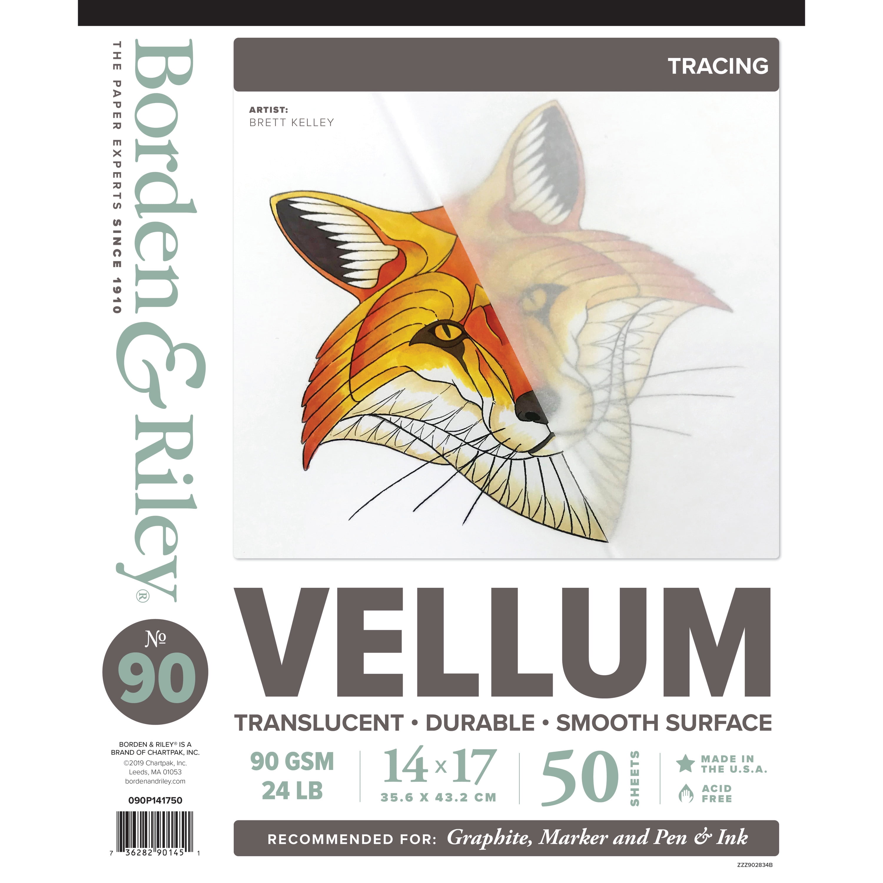 Borden & Riley #90 Sheer Trace Vellum Pad, 50 Sheets, 14" x 17"