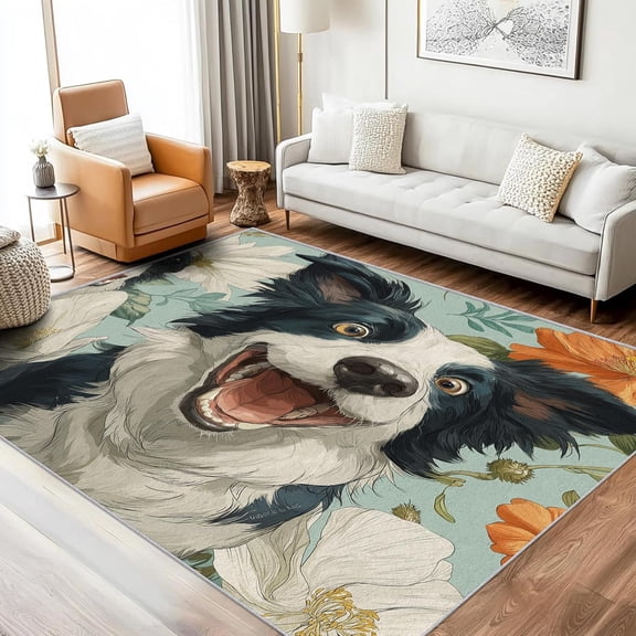 Border Collie Area Rugs, Cute Dog Pattern Carpet, Washable Non Slip Low Pile Soft Rug for Living Room Bedroom Decor Mat 2x3ft