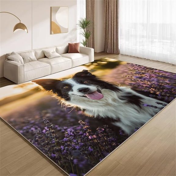 Border Collie Area Rugs, Lavender Floral Dog Pattern Carpet, Washable Non Slip Low Pile Soft Rug for Living Room Bedroom Decor Mat 2ftx3ft