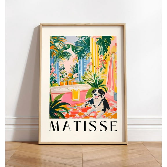 Border Collie Bathroom Tropical Maximalist Wall Art, Unframed Paper Poster 8x10in