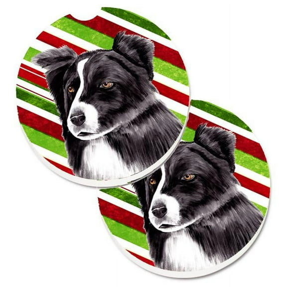 Border Collie Candy Cane Holiday Christmas Set of 2 Cup Holder Car Coaster