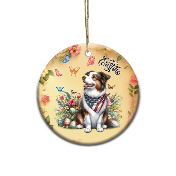 Border Collie Celebrates Spring and Enjoys a Happy Easter Ceramic Round Ornament Borders Dog Lovers Gifts Idea Home Tree Decor - 02001