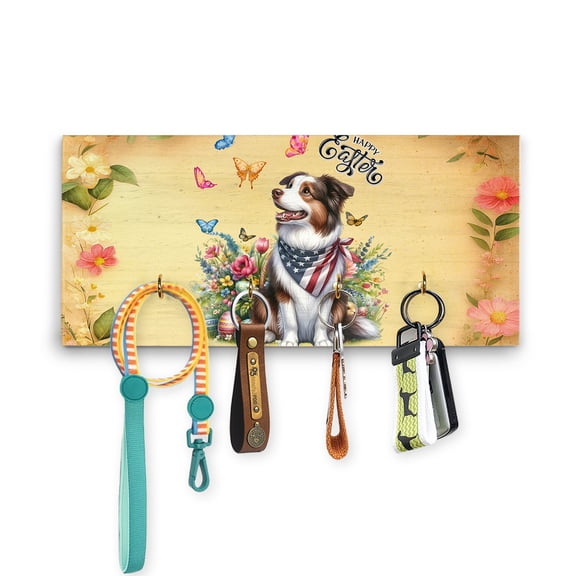 Border Collie Celebrates Spring and Enjoys a Happy Easter Wood Key Holder Borders Dog Lovers Gifts Idea Wall-mounted Key Rack Home Decor - 02001