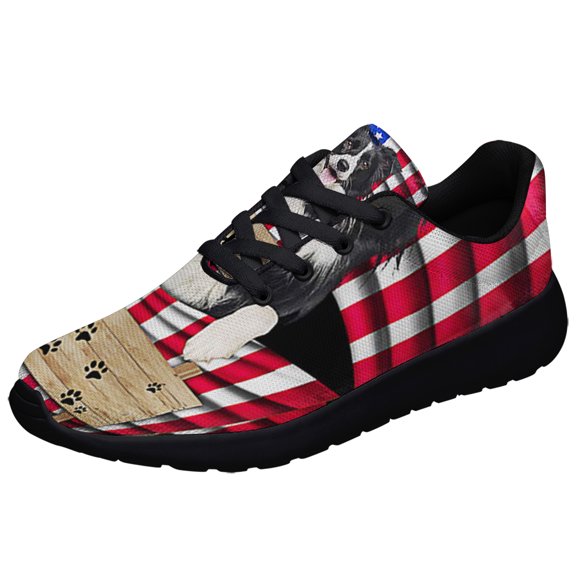 Border Collie Dog 4th of July American flag Shoes Sneakers Black Size 3.5