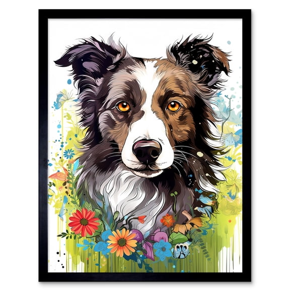 Border Collie Dog Bright Watercolour Painting Floral Portrait with Wildflowers and Butterflies Art Print Framed Poster Wall Decor 12x16 inch