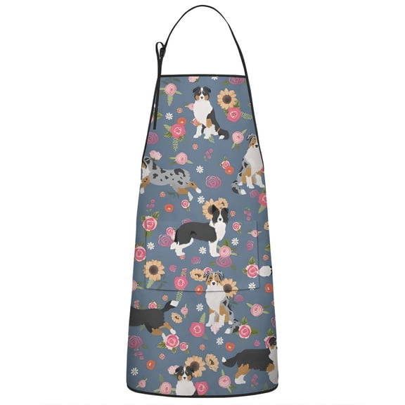 Border Collie Dog and Flower Florals Apron-Garden Aprons for Women with Pockets-Cotton Linen Waterproof Kitchen Cooking Gardening Aprons Adjustable for Kitchen,Cooking,BBQ and Salon 33x27 Inch