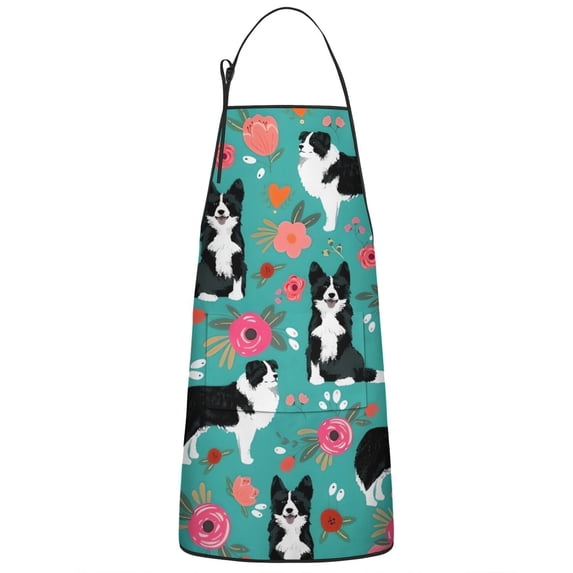 Border Collie Dog and Flower Florals Apron-Garden Aprons for Women with Pockets-Cotton Linen Waterproof Kitchen Cooking Gardening Aprons Adjustable for Kitchen,Cooking,BBQ and Salon 33x27 Inch