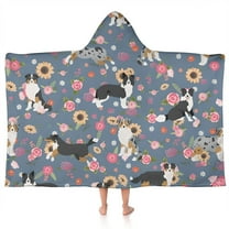 Border Collie Dog and Flower Florals Hooded Bath Towel，50"x30" for Ages 3 To 12 Kids, Quick Dry Lightweight Soft Microfiber Hood Beach Towel Cover Up for Kids