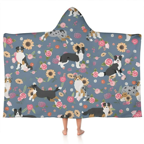 Border Collie Dog and Flower Florals Hooded Bath Towel,50"x30" for Ages 3 To 12 Kids, Quick Dry Lightweight Soft Microfiber Hood Beach Towel Cover Up for Kids