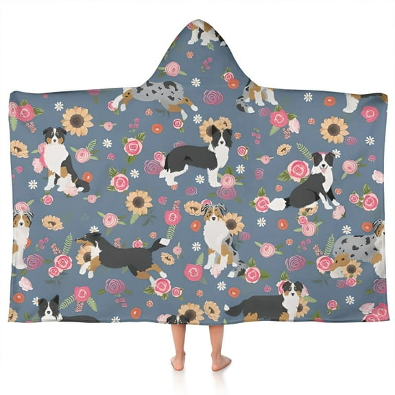 Border Collie Dog and Flower Florals Hooded Bath Towel,50"x30" for Ages 3 To 12 Kids, Quick Dry Lightweight Soft Microfiber Hood Beach Towel Cover Up for Kids
