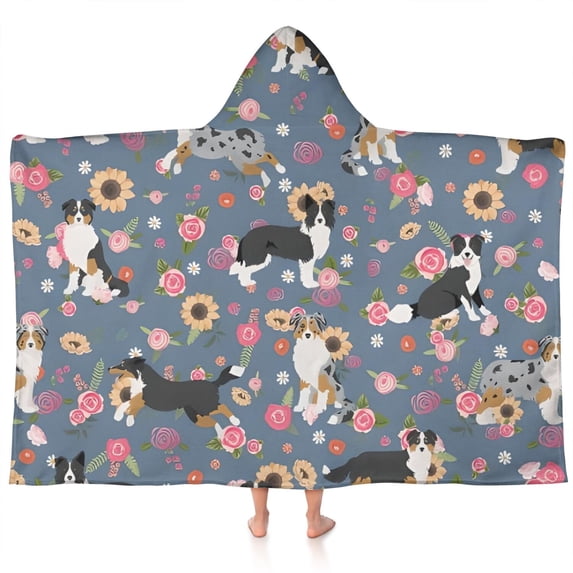 Border Collie Dog and Flower Florals Hooded Bath Towel,60"x35" for Ages 3 To 12 Kids, Quick Dry Lightweight Soft Microfiber Hood Beach Towel Cover Up for Kids