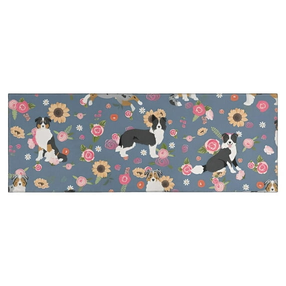 Border Collie Dog and Flower Florals Kitchen Rug Mat,Kitchen Runner Rugs Non Skid Washable,Decorative Kitchen Floor Mats for Kitchen,Sink,Laundry,17"X47"