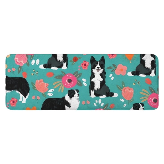 Border Collie Dog and Flower Florals Kitchen Rug Mat,Kitchen Runner Rugs Non Skid Washable,Decorative Kitchen Floor Mats for Kitchen,Sink,Laundry,17"x47.2"